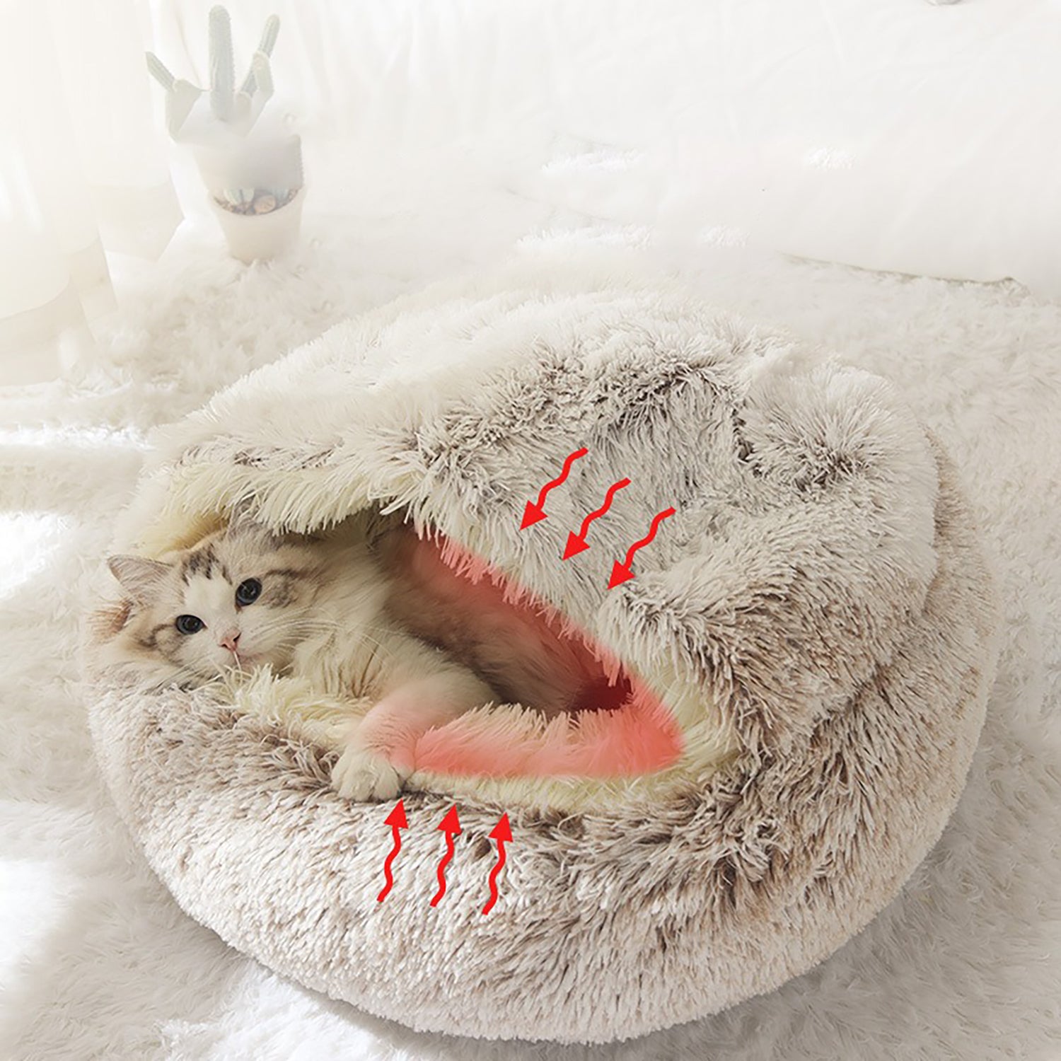 Luxurious Semi-Enclosed Plush Round Cat Bed - Cozy Donut Design for Cats and Small Dogs, Easy-Clean Durable Construction, Perfect for Winter Comfort